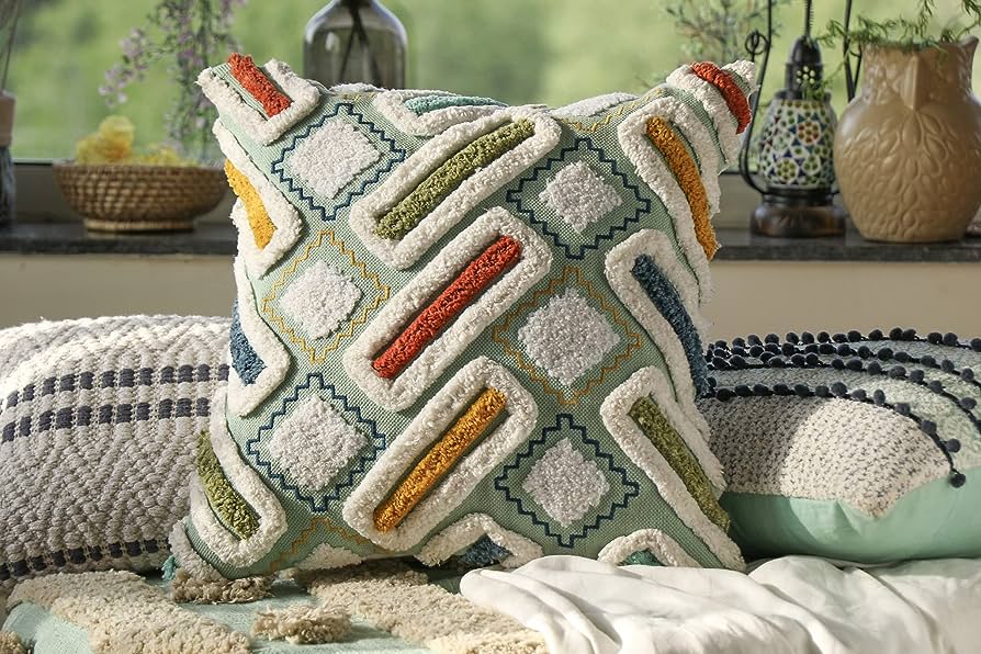 Tufted Throw Pillow Cushion Covers-Boho Textured Woven Cases Set