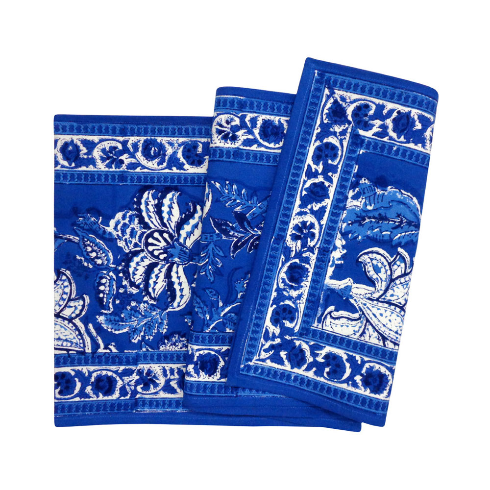 Hand Block Printed Cotton Canvas Table Runner 33x170 cms | Anarkali Blue