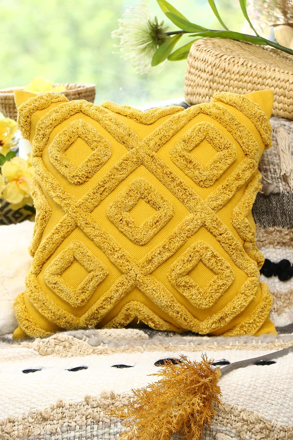 Cushion Cover Yellow 16"x16" Inch Cotton Diamond Shape Tufted for Sofa Couch Living Room Bed Room Indoor Outdoor