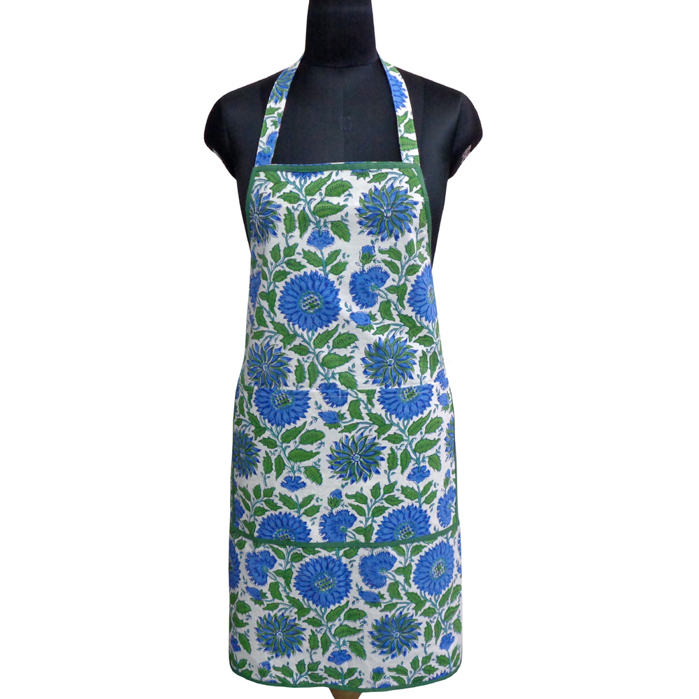 Indian Block-Printed 100% Cotton Apron | Surajmukhi Blue