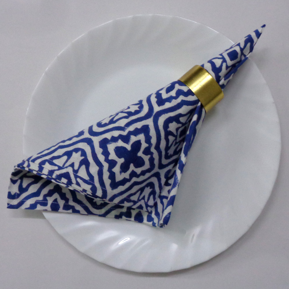 Hand Block Printed Cotton Napkin 45x45 (Set of 4 Napkins) | Cross Flower Blue