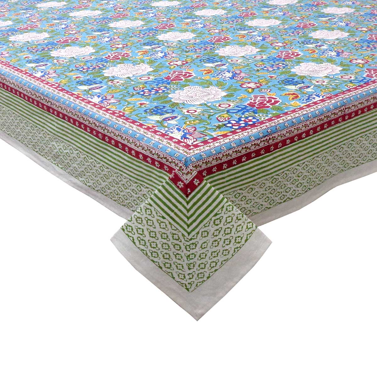 Square Tablecloth in Cotton Hand Block Printed Cotton Tablecloth 220x220 cms | Floral Canvas Blue Jade