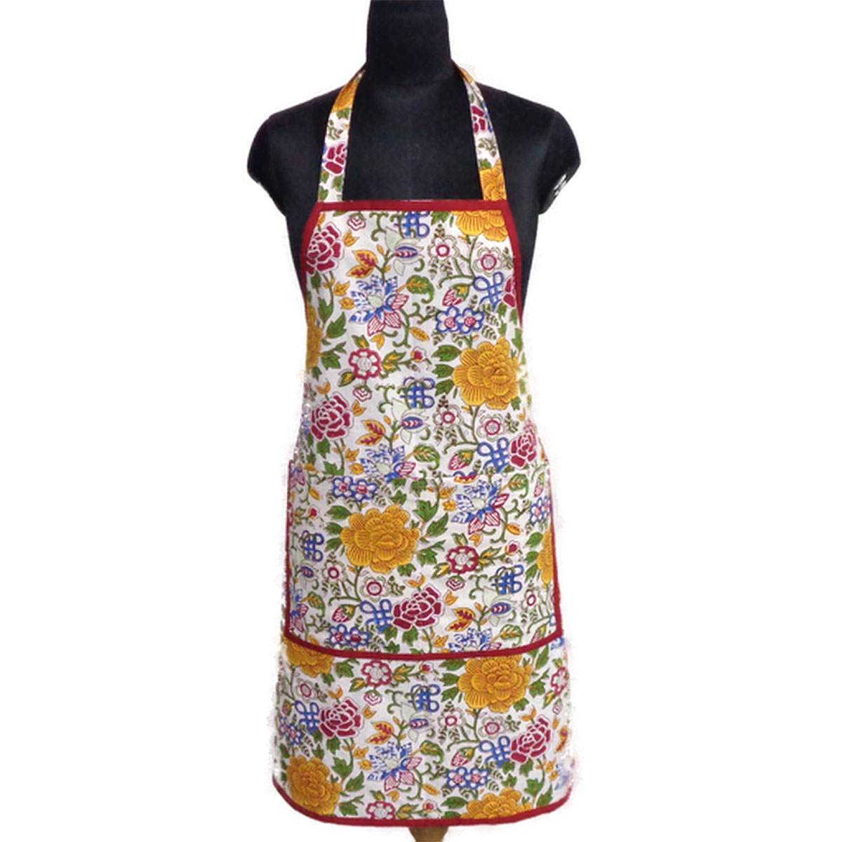 Indian Block-Printed 100% Cotton Apron | Floral Canvas Blue Jade