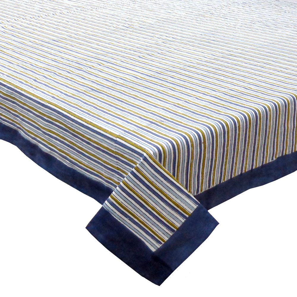 Hand Block Printed Cotton Tablecloth 150x220 cms | Three Stripe Starlight