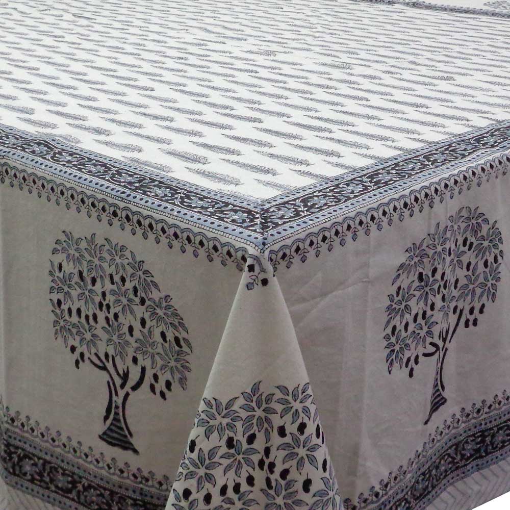 Tablecloth 10 seater in Cotton Hand Block Printed Cotton Tablecloth 200x300 cms | Winter Fall Tree Grey