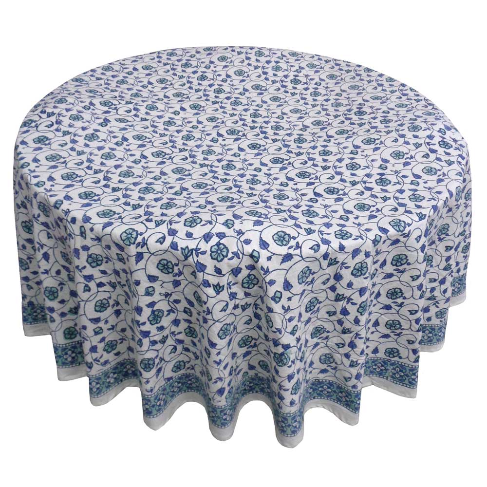 Hand Block Printed Cotton Round Tablecloth 220 cms | Floral Kali Blue