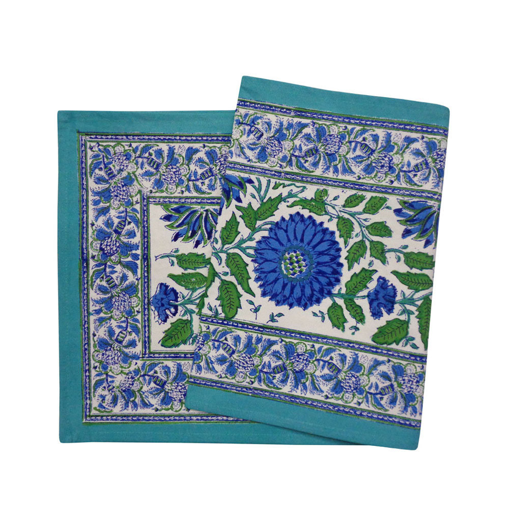 Hand Block Printed Cotton Canvas Table Runner 33x120 cms | Surajmukhi Blue