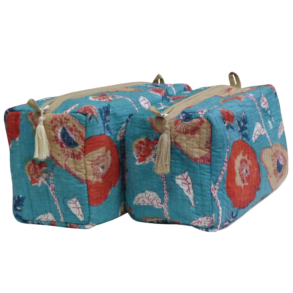 Hand Block Printed Cotton Quilted Cosmetic Bag (Set of 2) | Teal Flower
