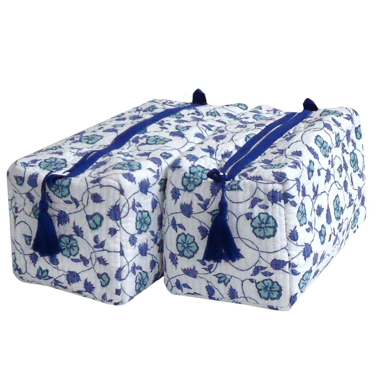 Hand Block Printed Cotton Quilted Cosmetic Bag (Set of 2) | Floral Kali Blue