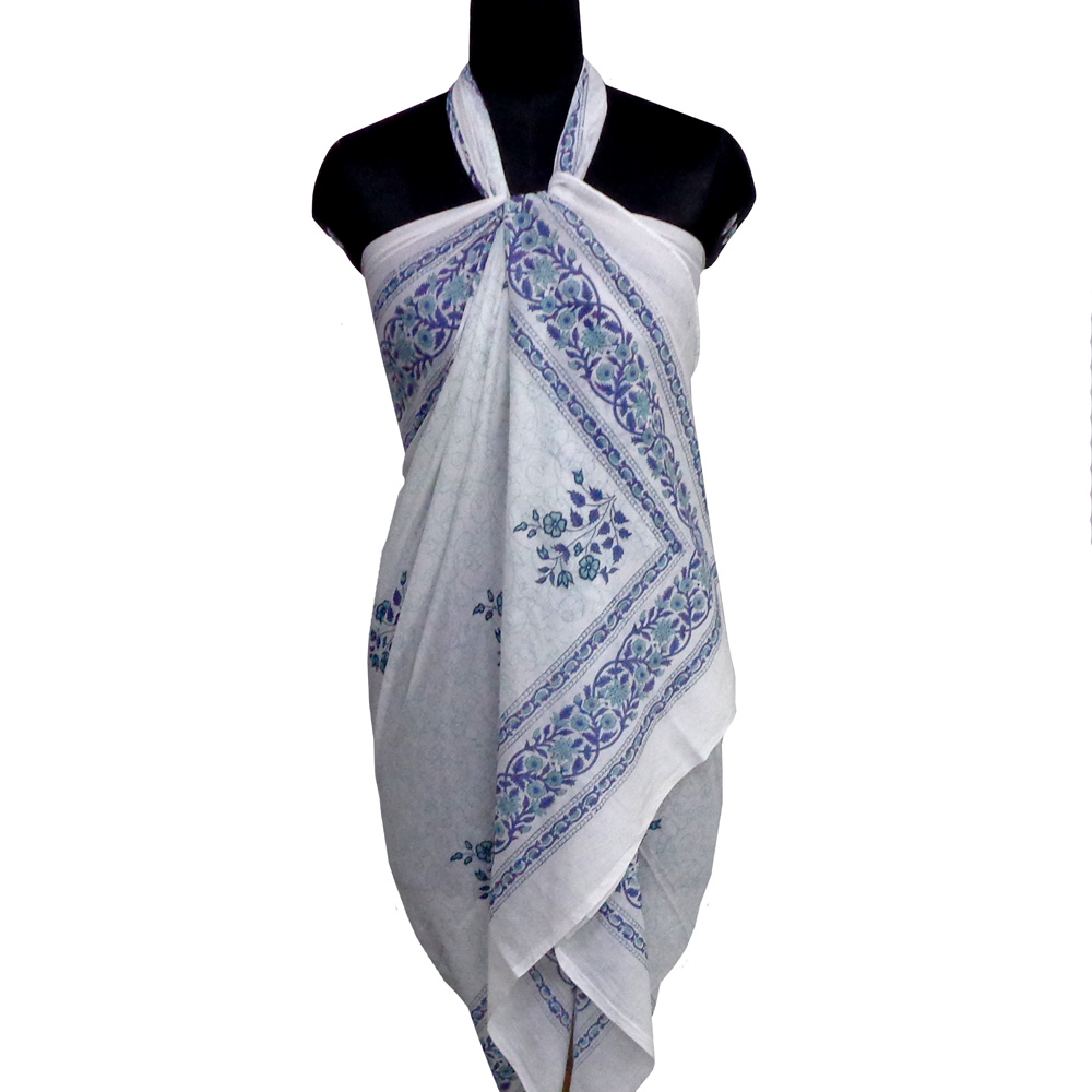 Beach Wrap Sarong Women's Swimwear Wraparound Pareo Soft Cotton Hand Block Printed | Floral Kali Blue Boota