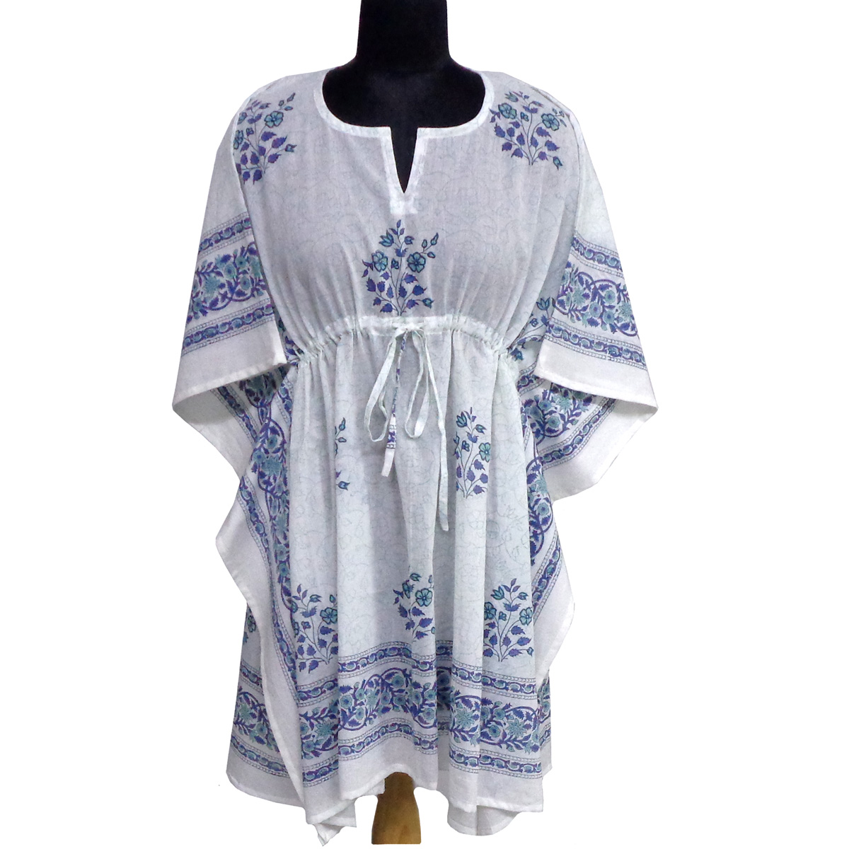 String Kaftan Free Size Indian Block Printed on Soft Cotton Voile | Floral Kali Blue Boota