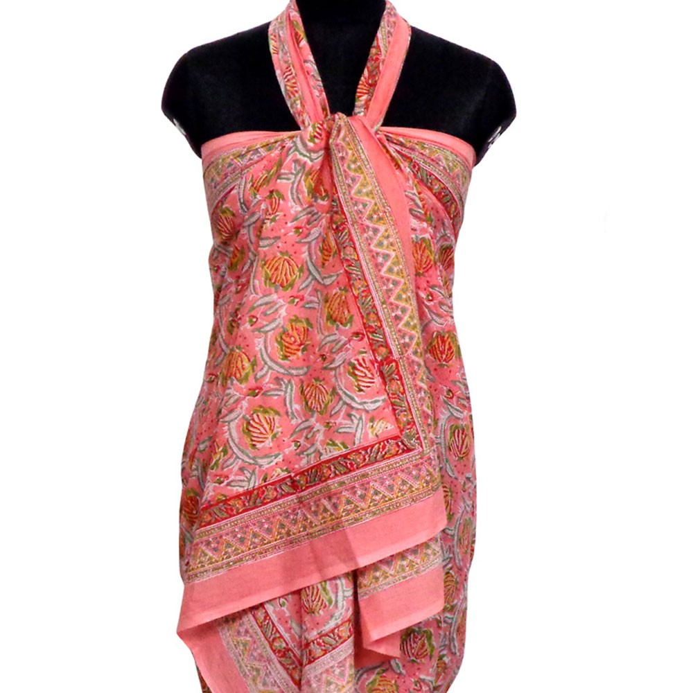 Beach Wrap Sarong Women's Swimwear Wraparound Pareo Soft Cotton Hand Block Printed | Frost Pink Floral