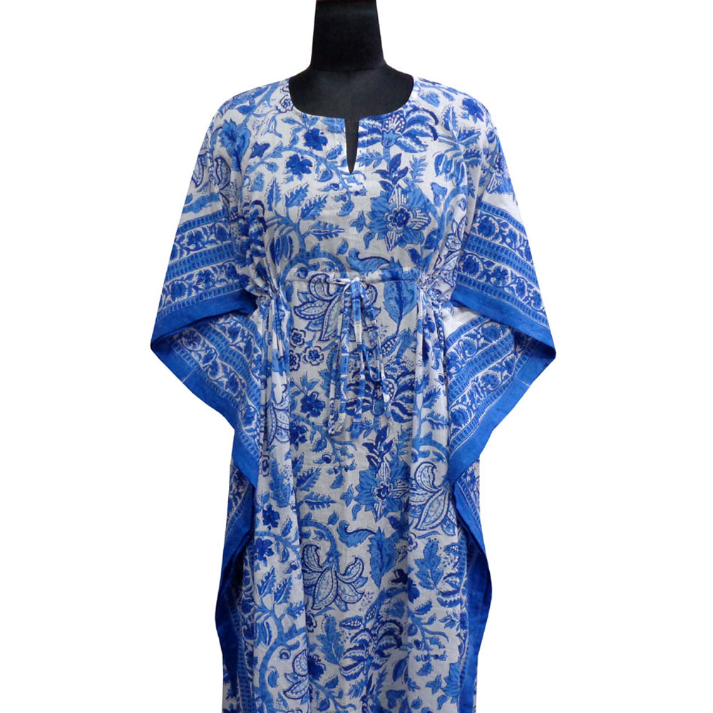 Long Size Kaftan Free Size Indian Block-Printed Loungewear in Soft Cotton Voile | Anarkali Blue