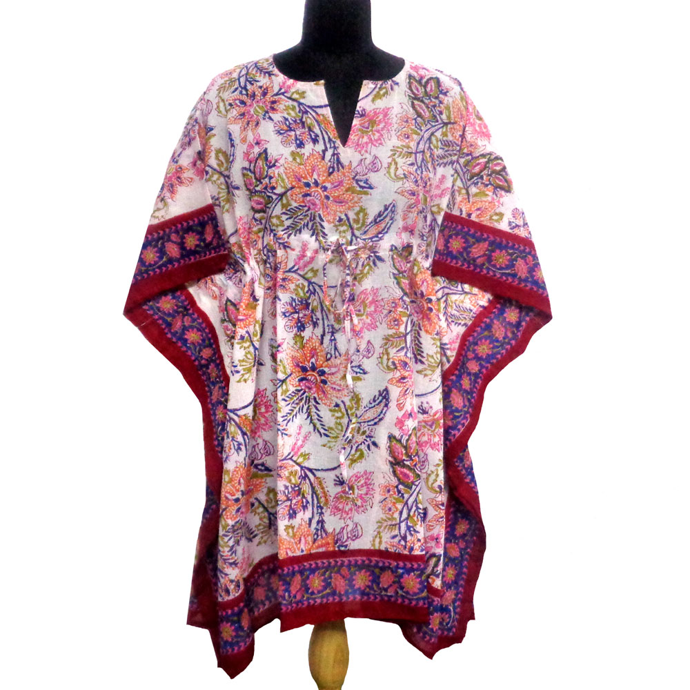 String Kaftan Free Size Indian Block-Printed on Soft Cotton Voile | Misty Red