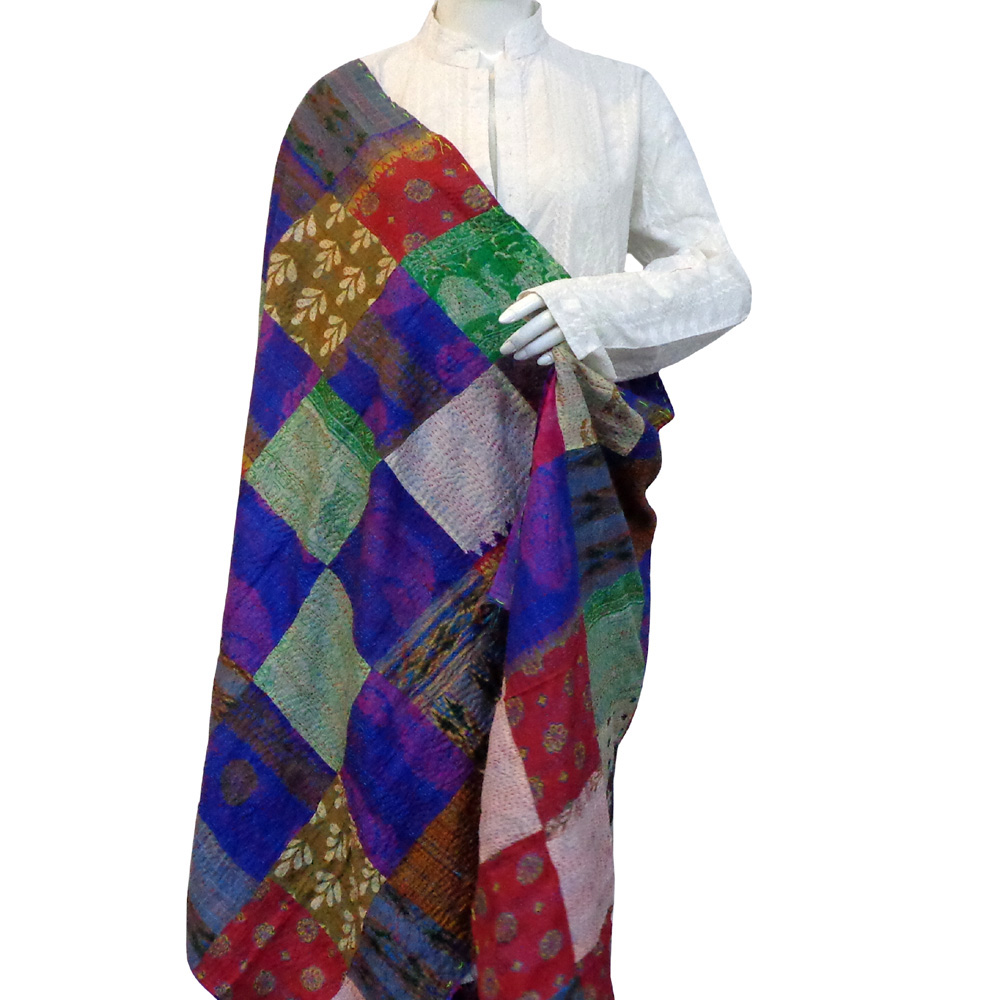 Hand Embroidered Cotton Kantha Silk Stole (Reversible)
