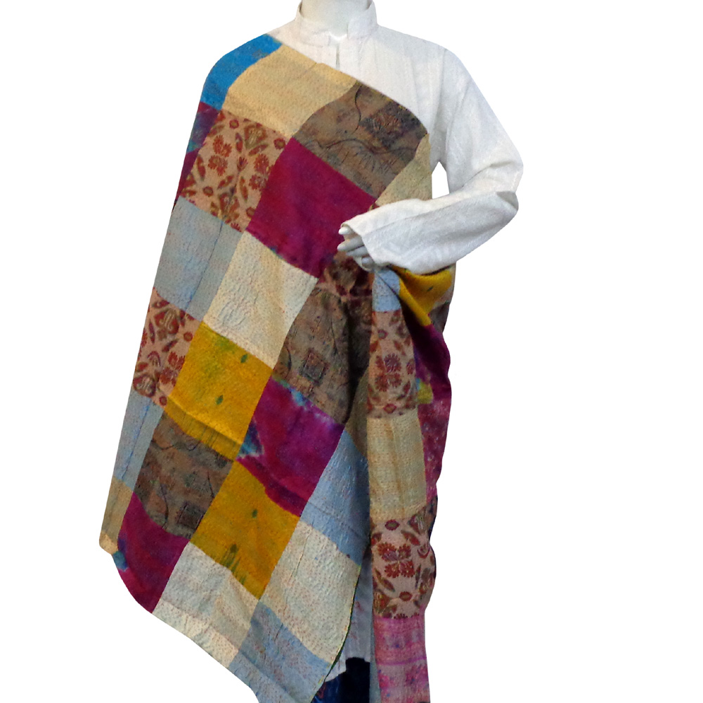 Hand Embroidered Cotton Kantha Silk Stole (Reversible)